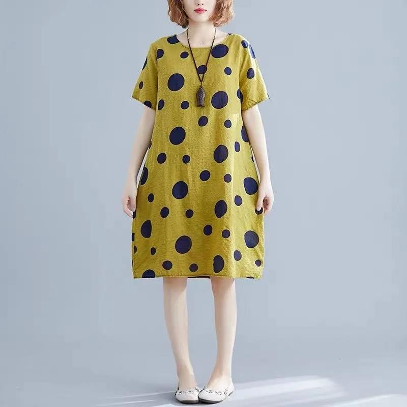 Dress Summer Short-sleeved Popular Printing Loose and Thin Slim Cover Belly Casual Plus Size Has Pockets DRESS