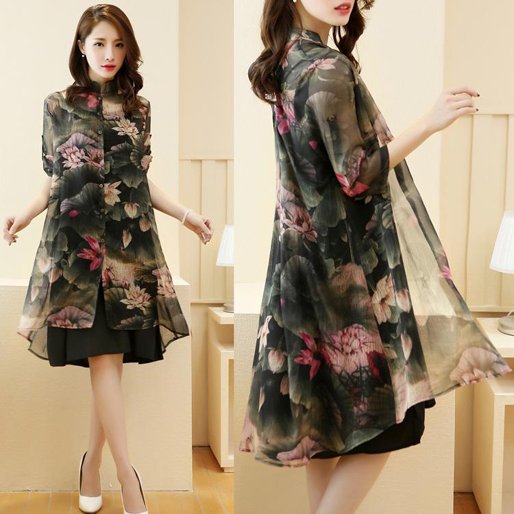 Chiffon Shirt + Dress 2pcs Suit  Women's Sun Protection Clothing Sun-Dress Mid-length Plus Size Shawl Loose Outer Chiffon Cardigan Thin Coat Beach