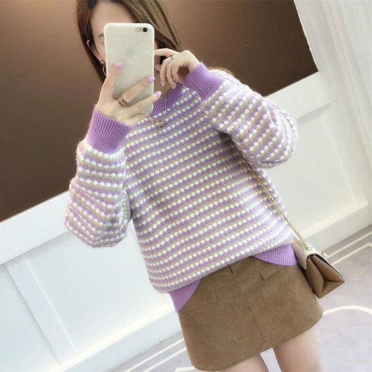 Fashion Women Stripe Sweater Contrast Color Knitted Pullover Knitwear Fashion Slim Woman Jumper