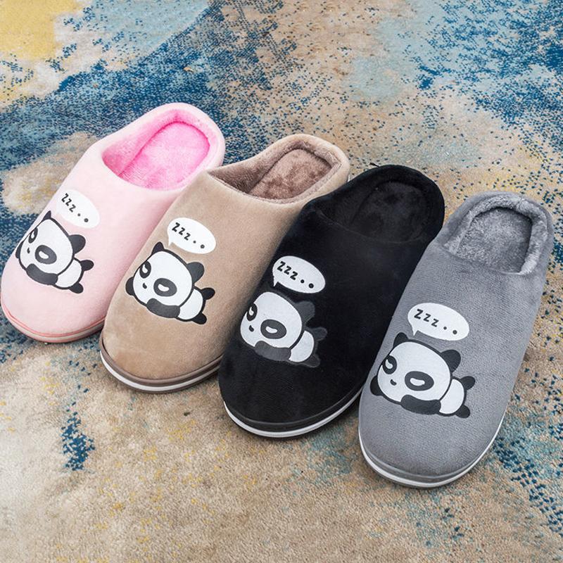 Winter Slippers Women Warm Cotton Shoes Panda Printed Funny Pink Girl Slippers Thick Fleece Men Plus Size Blue Slides Home Couples Slipper Non Slip