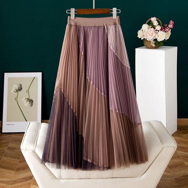 Pleated Printed Gauze Skirt High Waist Elastic Waist Mid-length Large Hem Skirt Spiral Color Stitching Lace A-line Skirt