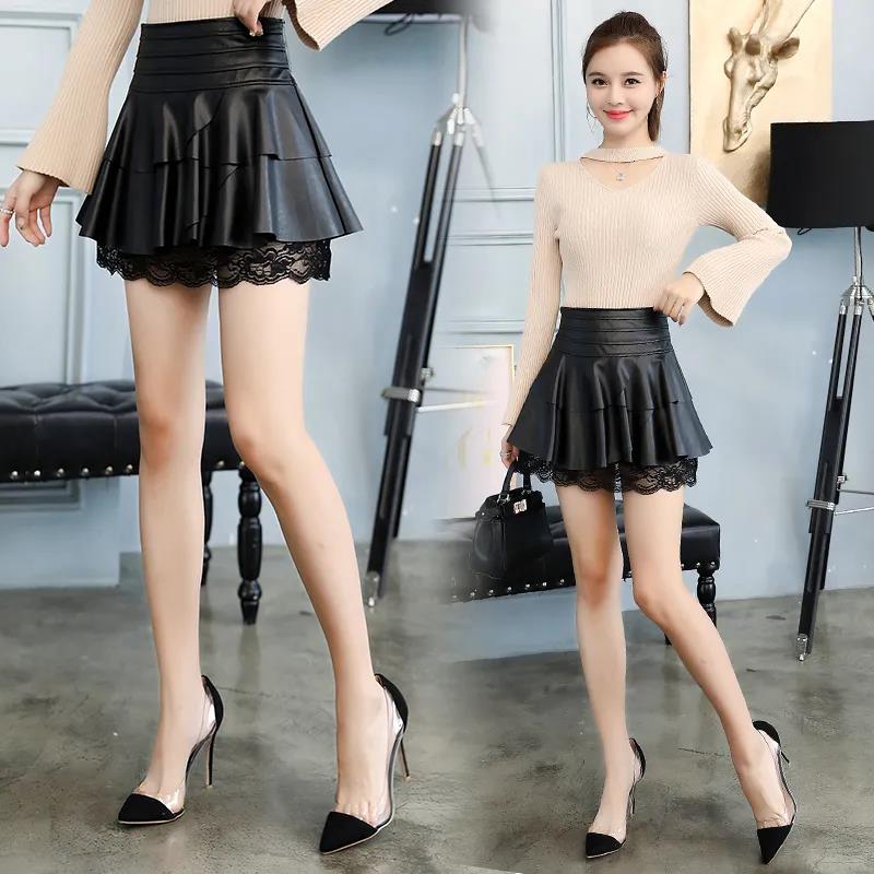 Women's Leather Skirts High Waist Thin Western Style, Plus Size Skirts A-line Skirts Puffy Skirts Autumn and Winter Bottoming Lace Skirts