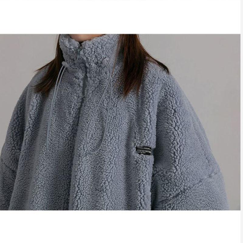 Stand-up Collar Lamb Velvet Jacket Winter Women Plus Velvet Thickening Student Casual Korean Style Jacket Elastic Cuff Windproof Jacket