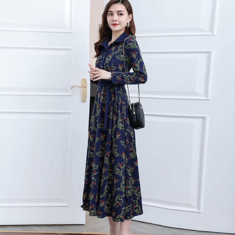 Knitted long skirt floral dress autumn was thin temperament large size women's long-sleeved waist