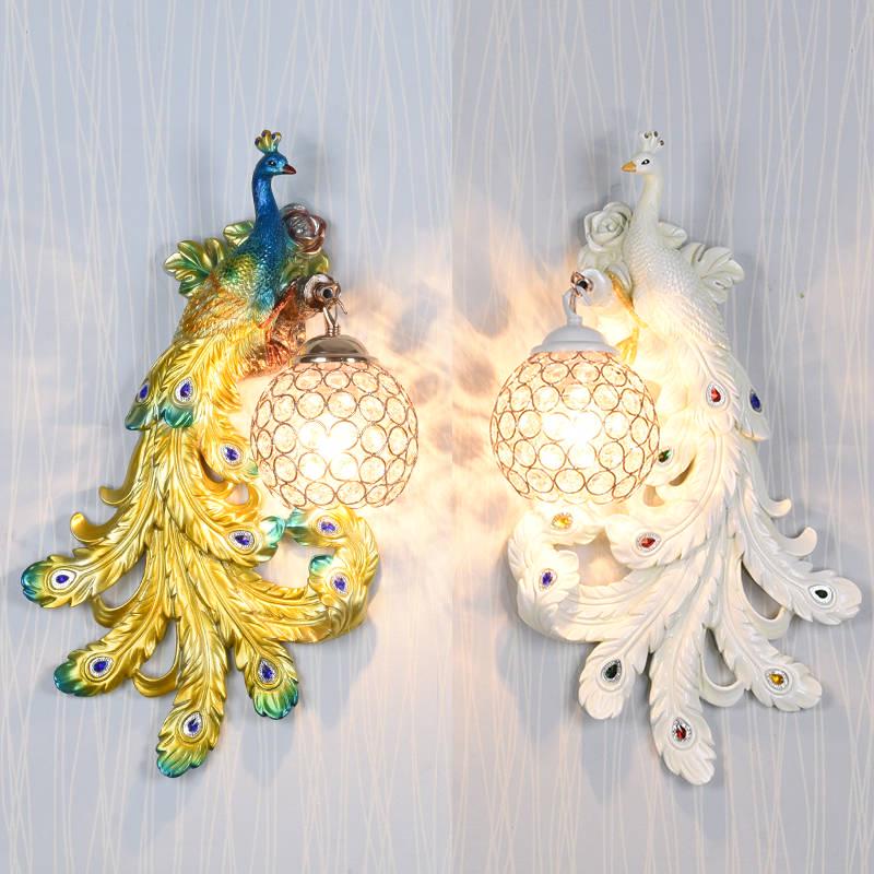 Retro peacock crystal LED wall lamp living room background bedroom bedside peacock phoenix wall lamp