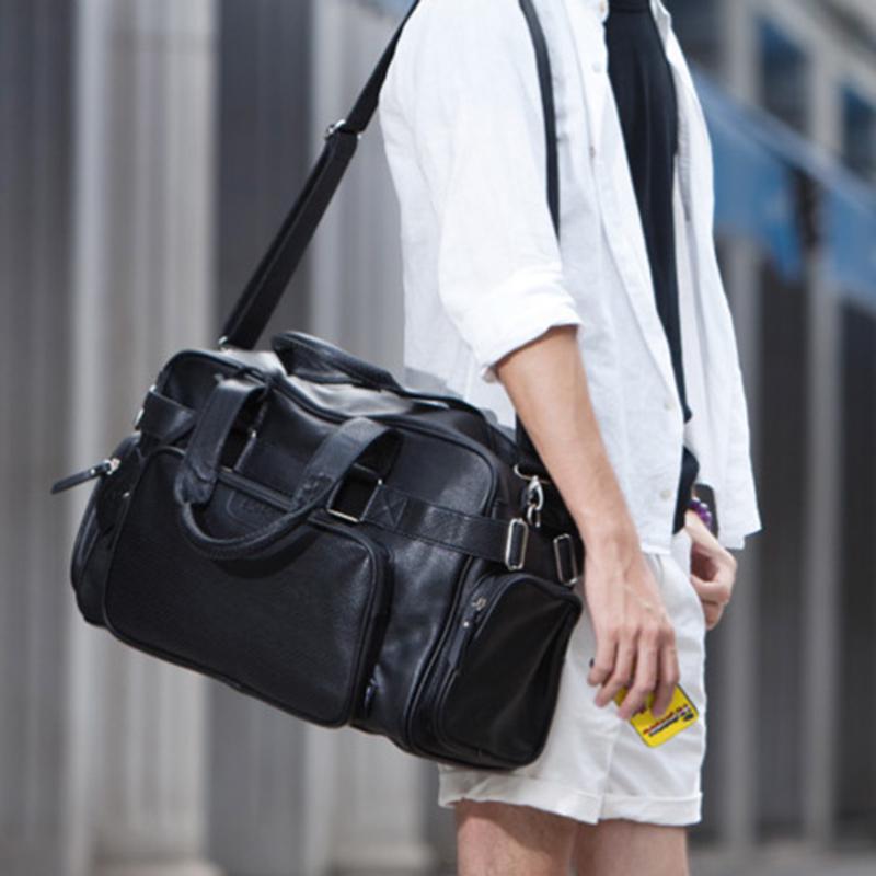 Short-distance Travel Bag Men Leather Black Waterproof Large-capacity Handbag Fitness Shoulder Bag