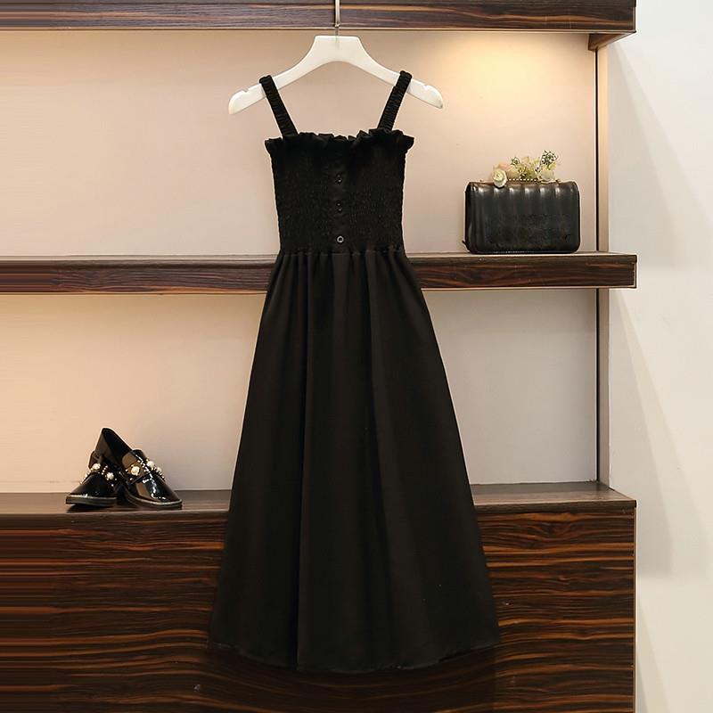 Women Plus Size 2piece Set Summer Deep V-neck Bat Blouse Strap Dress Two-Piece Set