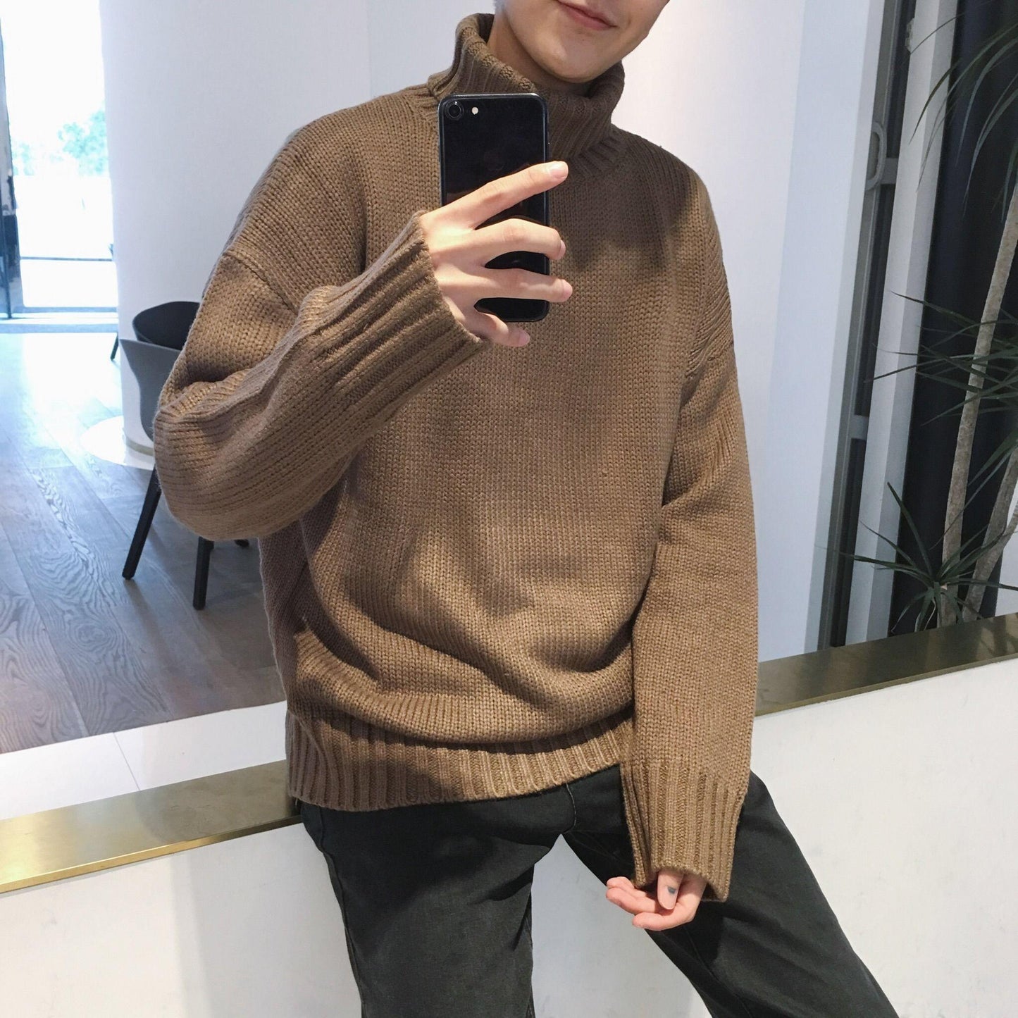 Winter Men's Knit Sweater Round Neck Handsome Turtleneck Sweater Men's Solid Color Korean Loose Bottoming Shirt Thick Tide