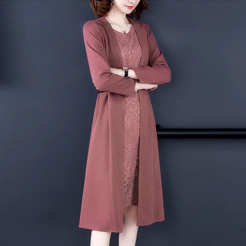 Summer Autumn Stylish Women Vintage Long Sleeve Loose Sundress 2021 Casual Maxi Dress Solid Party Two Piece