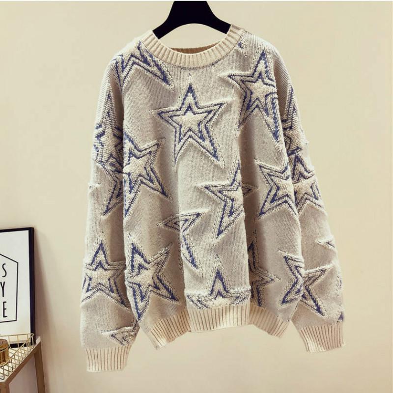 Stars Print Sweaters Tunic Women Casual Round-neck Loose Long Sleeve Knitted Top Autumn Winter Female Jumper Pullovers