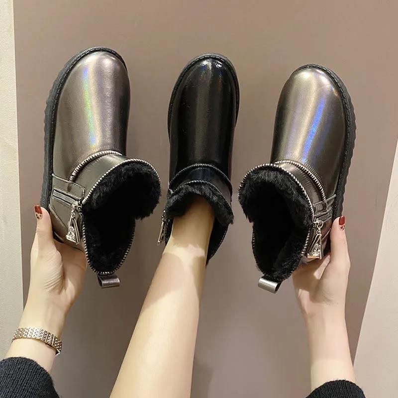 Snow Boots Women's Fur One Non-slip Cotton Shoes Women Winter Crystal Zipper Plus Velvet Thickening