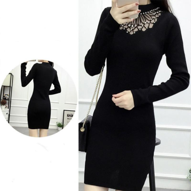 Women Sweater Dress O-neck Full Sleeve Sashes Stretch Vestidos Female Knee-length Knitted Dress