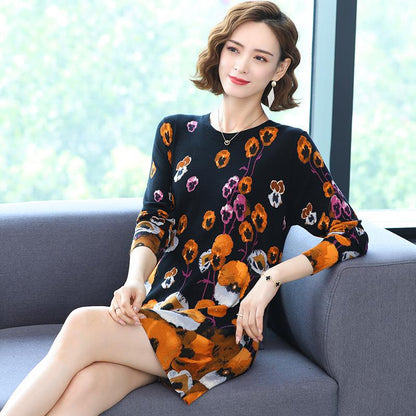 Mid-length Autumn and Winter Women's Printed Sweater Round Neck Casual Sweater Fashion Casual Long Sweater