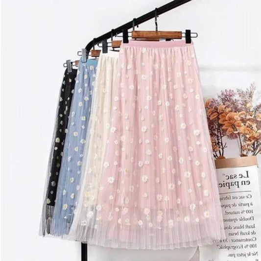 Summer Fashion Skirt Women's Small Fresh Chrysanthemum Print High Waist Slim A-line Fairy Midi Skirt