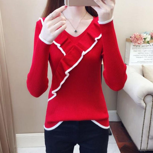 V-neck Long-sleeved Knit Top Slim All-match Bottoming Shirt Color Matching Short Sweater Ladies