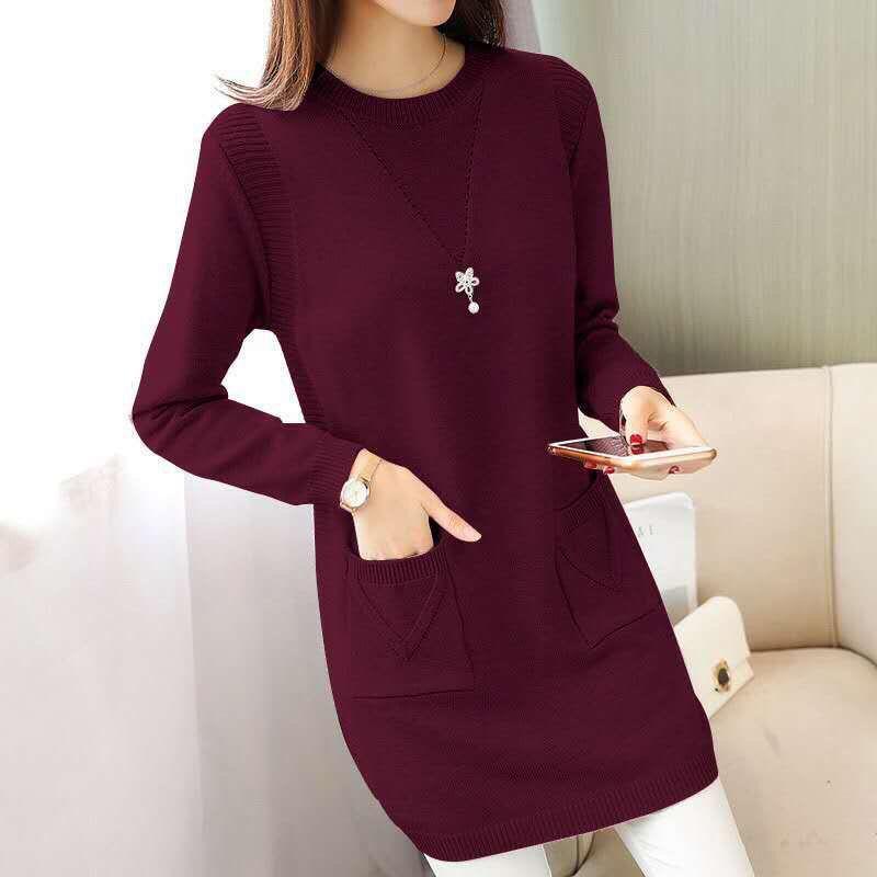 Women's Mid-length Knit Sweater  dress Winter Loose Round Neck Pullover Sweater Thick Knitwear Skirt with Pockets