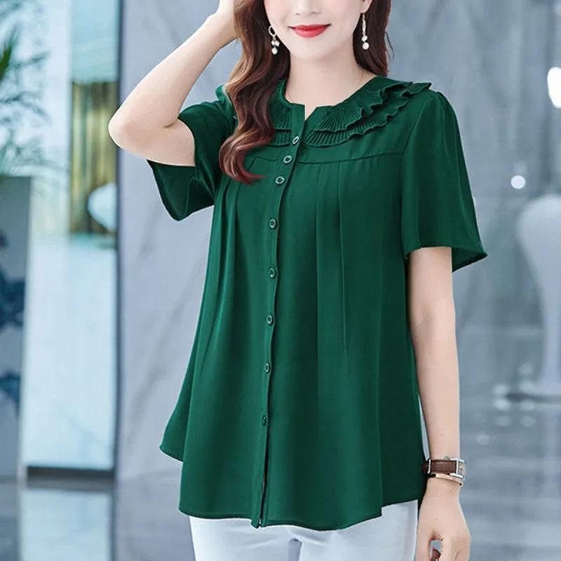 Large Size Short-sleeved Top Women's Round Neck Fungus Edge Collar Loose Thin Shirt Solid Color Chiffon Shirts Button Up Casual All Match Blouses Top