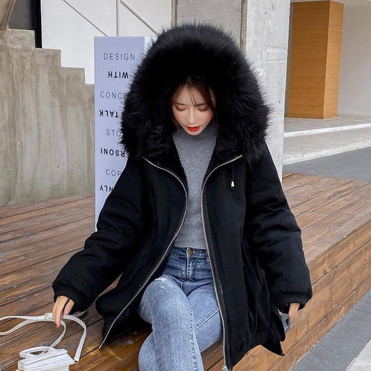 Tooling Padded Jacket Women Winter Korean Mid-length Large Fur Collar Loose BF Thick Plus Velvet Padded Jacket