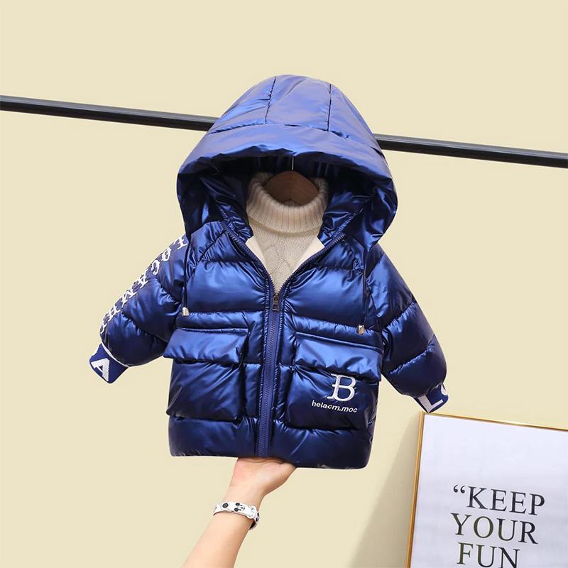 Children's Down Jacket Boys Baby Bright Face Disposable Girls Plus Velvet Thick Autumn and Winter Hooded Printed Cotton Jackets