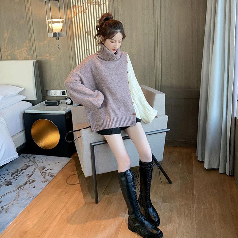 Autumn and Winter Loose Turtleneck Sweater Casual Color Matching Diagonally Buttoned Top Fashion Knitted Women's Jacket