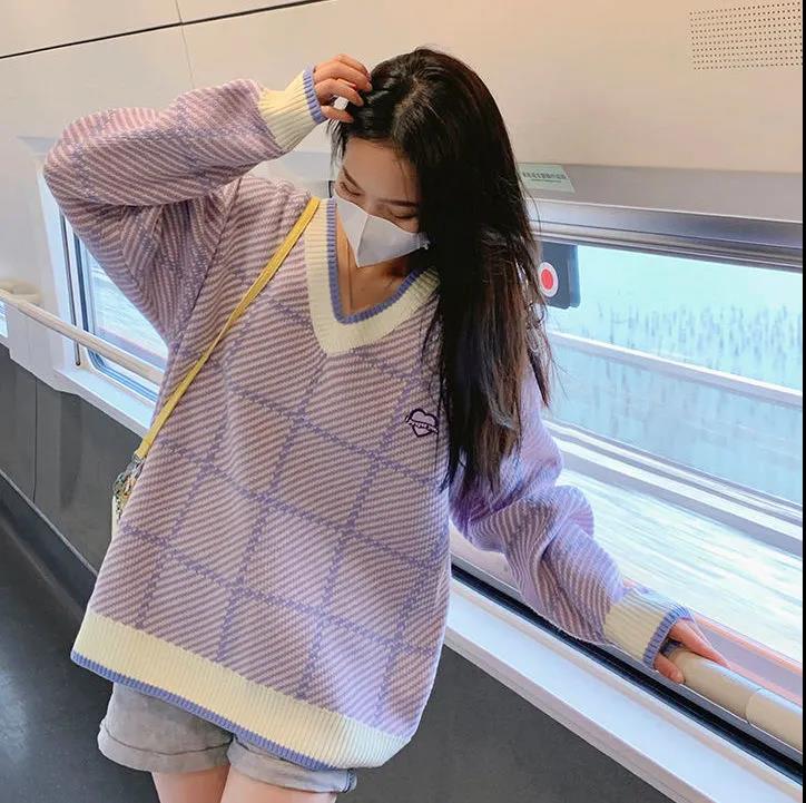 Women's Purple V-Neck Soft Mid Length Sweater Loose Lazy Chic Knit Sweater