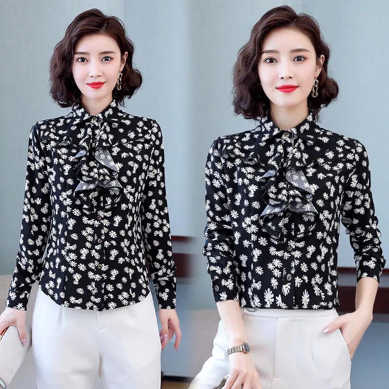 Women's Spring and Autumn Chiffon Shirt Loose Sweet Long Sleeve Printed Top