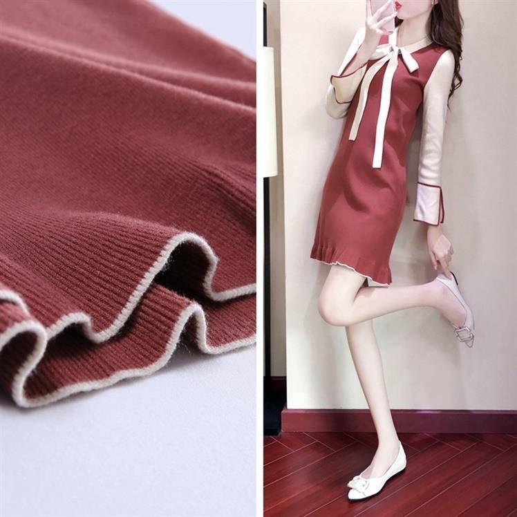Knit dress female long sleeves autumn new bow tie color trumpet sleeves slim bottoming sweater skirt