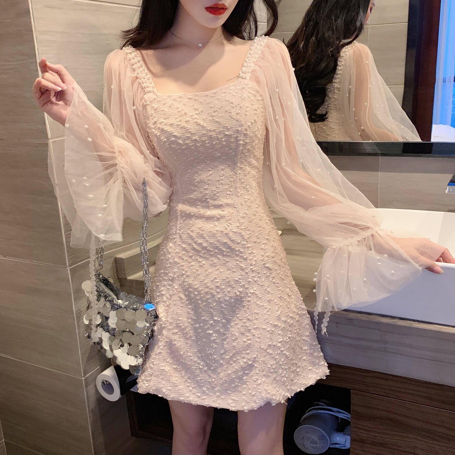 Spring Women's Temperament Mid-length Mesh Gauze Stitching Long Sleeves Waist Slimming Dress
