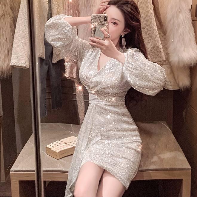 Women's V-neck Dress Long Sleeve Dinner Sexy Bag Hip Dress Charming Leisure Comfortable Stylish