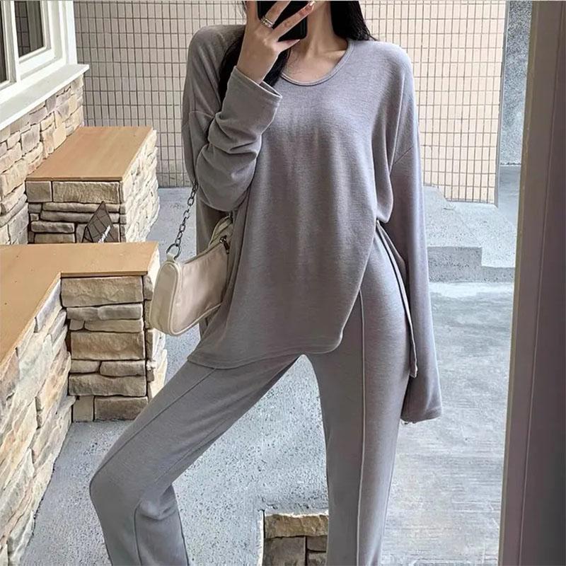 2PCS Women's Autumn Split Mid-Length Suit Casual Wide Long Sleeve Casual Sports Suit Loose Long Sleeve + High Waist Wide Leg Pants Two Piece Suit