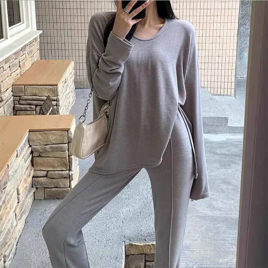 2PCS Women's Autumn Split Mid-Length Suit Casual Wide Long Sleeve Casual Sports Suit Loose Long Sleeve + High Waist Wide Leg Pants Two Piece Suit