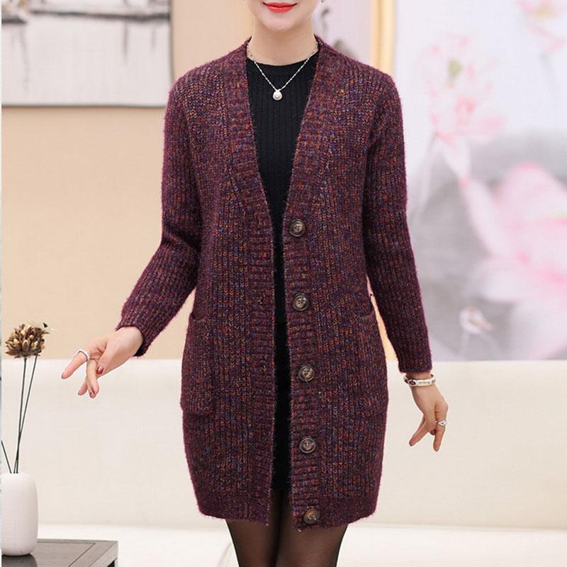 Autumn and Winter V-neck Cardigan Sweater Mid-length Casual Slim Jacket Simple Middle-aged and Elderly Ladies Jacket