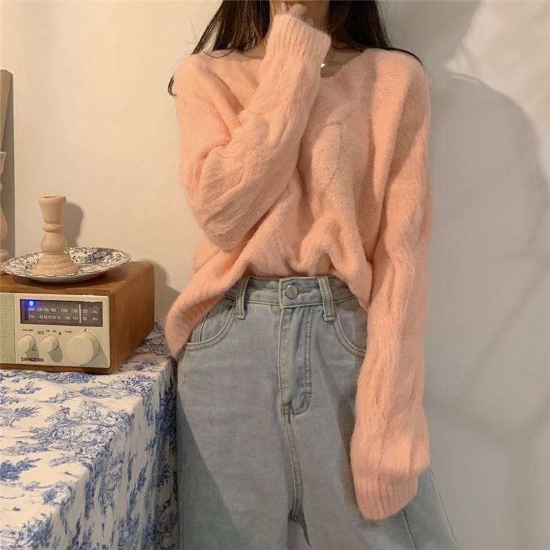 Pofulove Purple Twist Sweater Women Autumn Winter Wear Pullover Fashion Thick Wild Sweater Lady