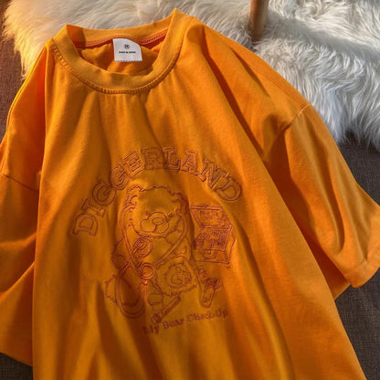 Women Round Collar Summer Cartoon Embroidery Loose Short Sleeve Casual Simple All-match T-Shirt