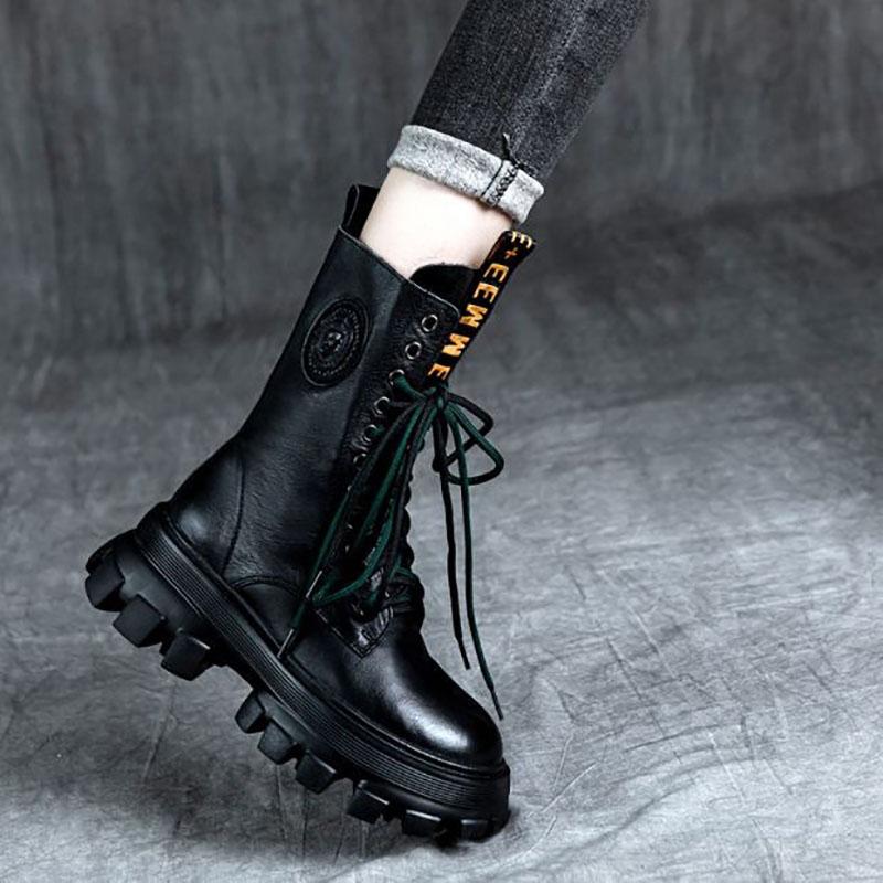 Leather Martin Boots Sponge Cake Thick-soled Round Toe Retro Mid-tube Boots Female British Style Boots Autumn Single Boots