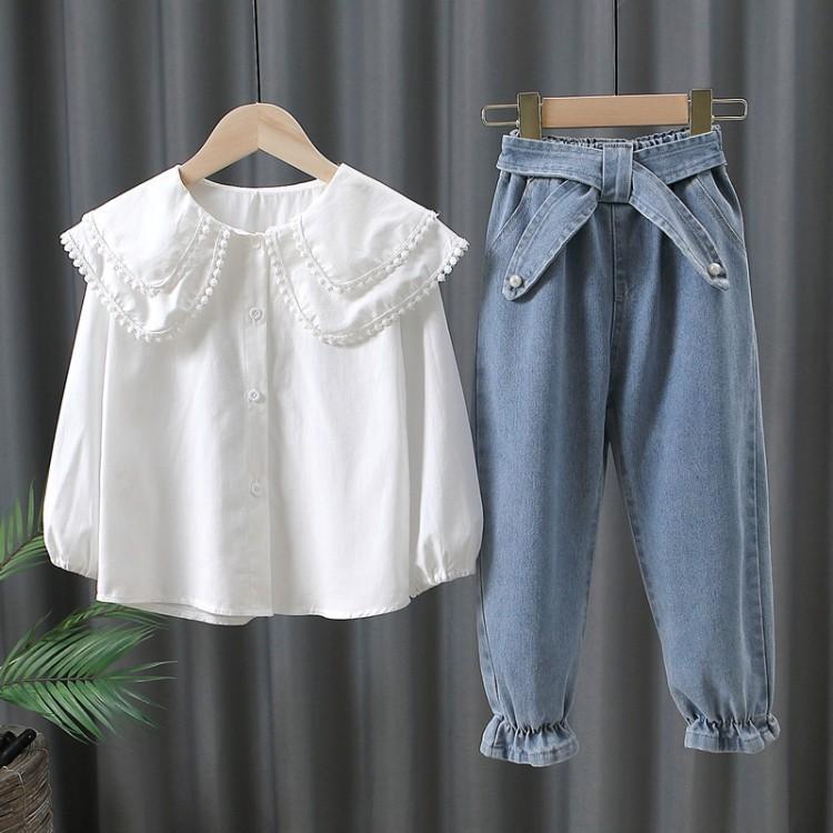 Girls' Suits Spring and Autumn Clothes Autumn Clothes Shirts Denim Long Pants Children's Clothes Big Children's Autumn