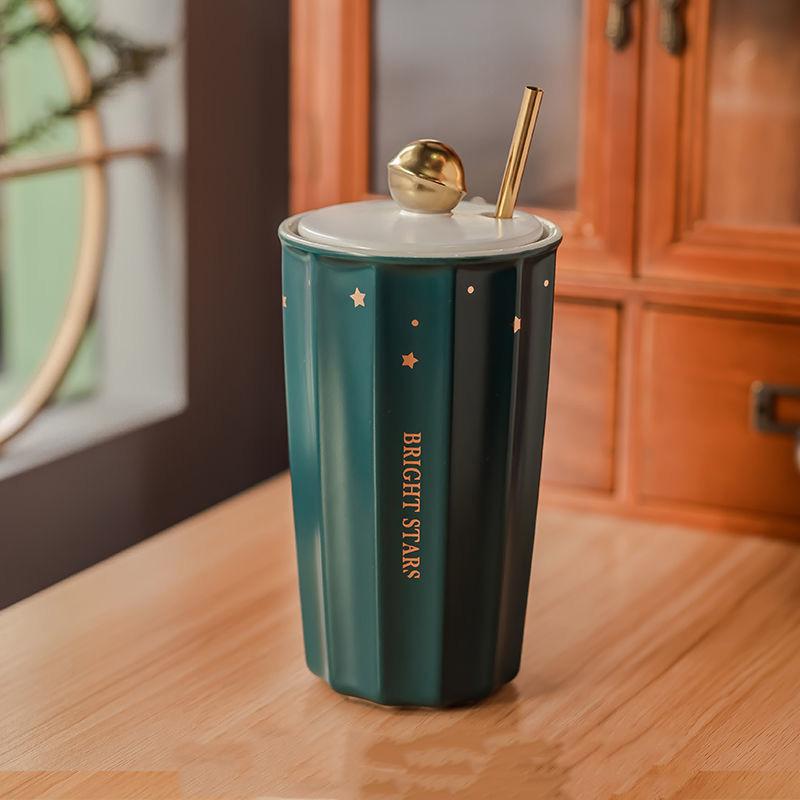 Double-layer Ceramic Water Cup Female Summer with Straws Simple and Portable Cute Milk Cup Large Capacity Tea Coffee Cup
