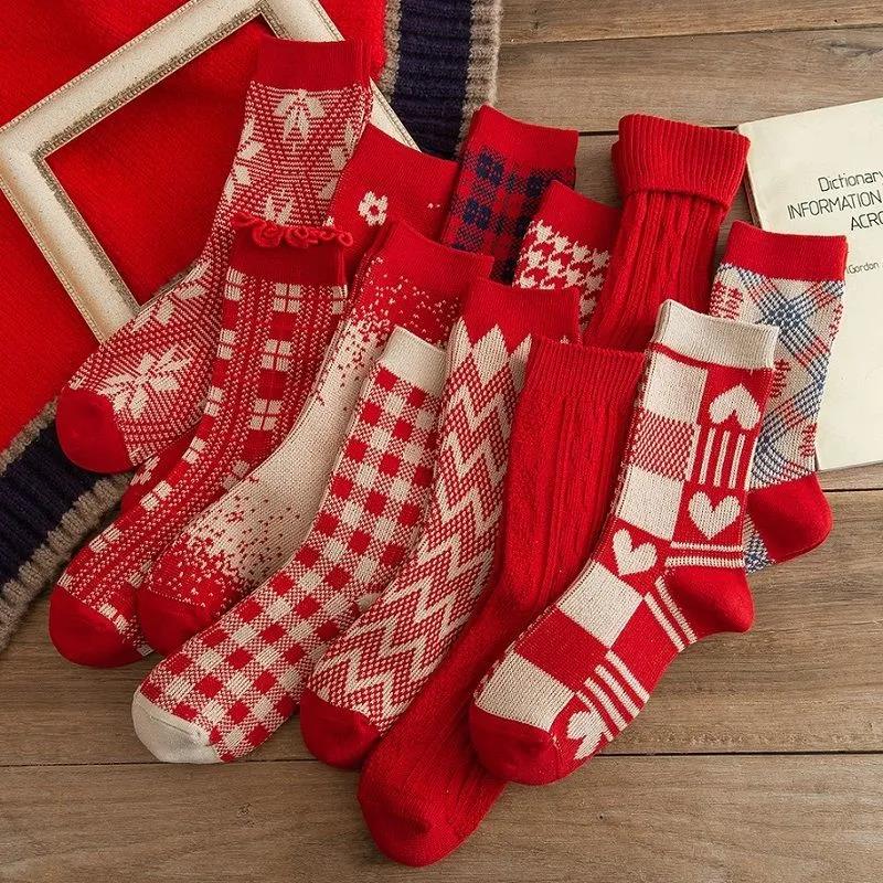 Winter Ladies Red Socks In Tube Warm Cotton Printed Socks Christmas Socks Gifts