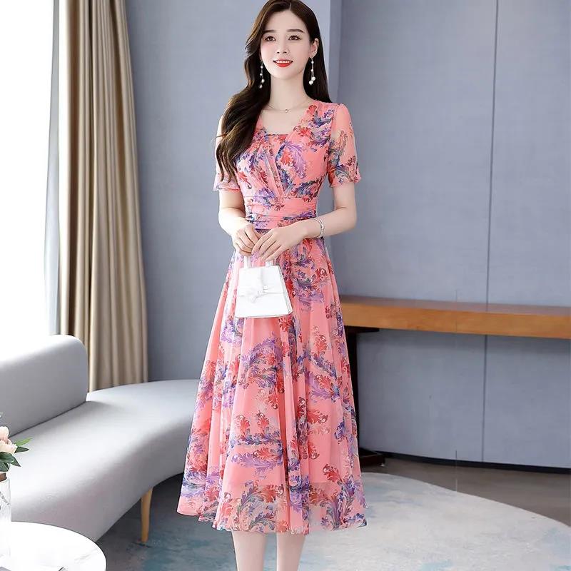High-end Large Size Dress Ice Silk Fairy Skirt Sweet Floral Temperament Chiffon Summer Dress Waist Thin Fabric Light and Breathable