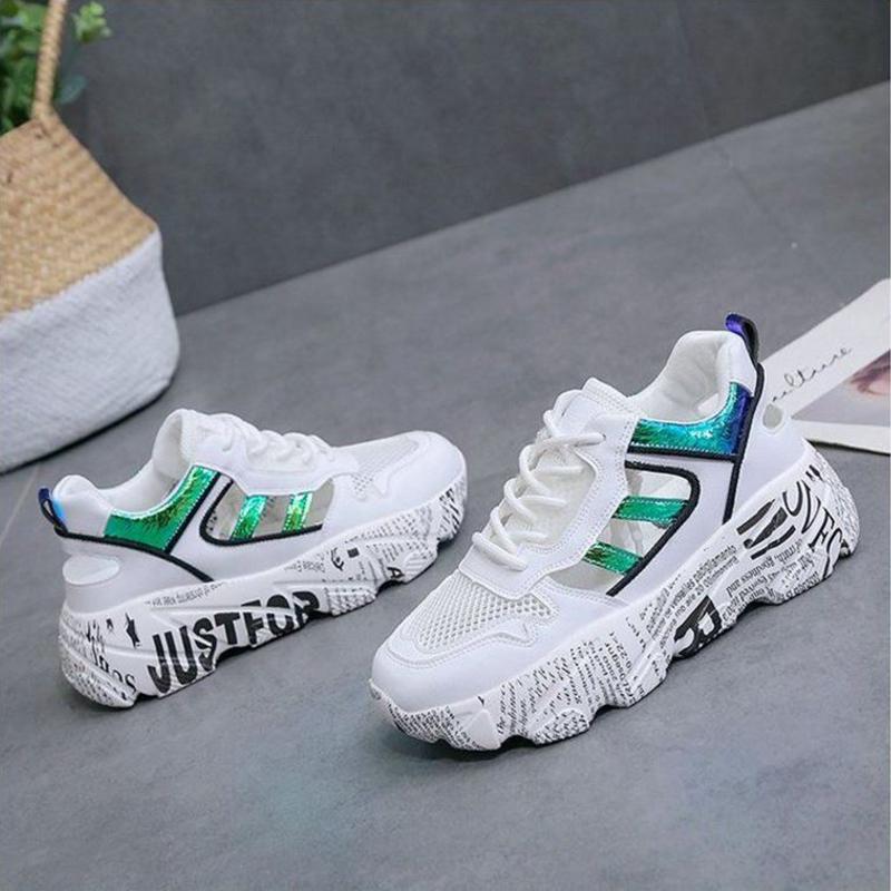 Spring  Summer Net Shoes Women's Wild Casual Breathable Sports Shoes Thick-soled Increased Shoes Non-slip Lace Running Shoes