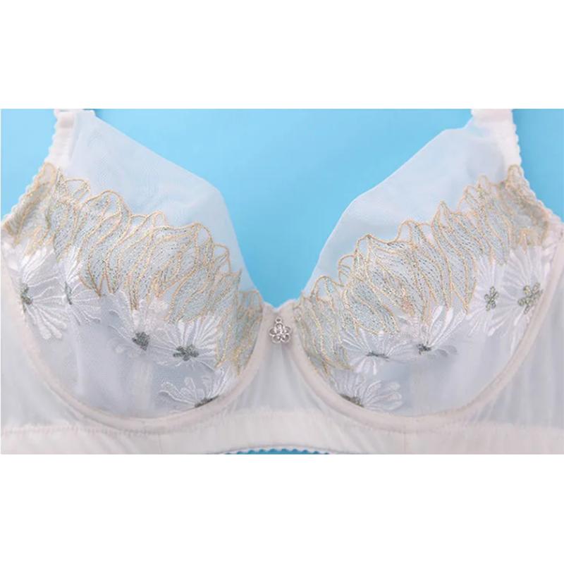 Women's Comfortable Embroidered Underwear Adjustable Bra for Big Breasts Sexy Lace Mesh Floral Gather Straps Brassiere Full Cup Pad Solid Underwear