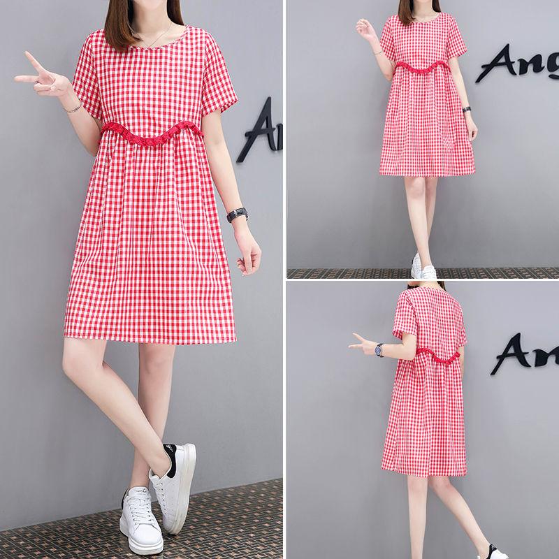 Plaid Lace Skirt S-XXXL Summer Cotton Neckline Round Short-sleeved Knee-length A-line Dress