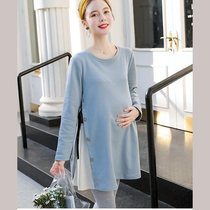 Maternity Clothes Long Sleeve Dress Mid-length Loose Plus Size Round Neck Skirt Buttons Ribbon