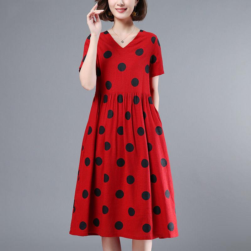 Polka Dot Dress Women's Short Trumpet Sleeve V-Neck Calf Length Daily Dating Party Office Wear