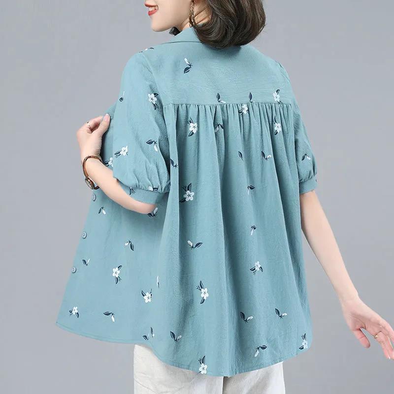 Pure Cotton Large Size Shirt Women's Loose Western Style Sleeve T-shirt Summer Middle-aged Mother's Top