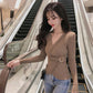 Pofulove Solid Color Long-sleeved Knitted Bottoming Shirt with A V-neck Tight-fitting Sweater