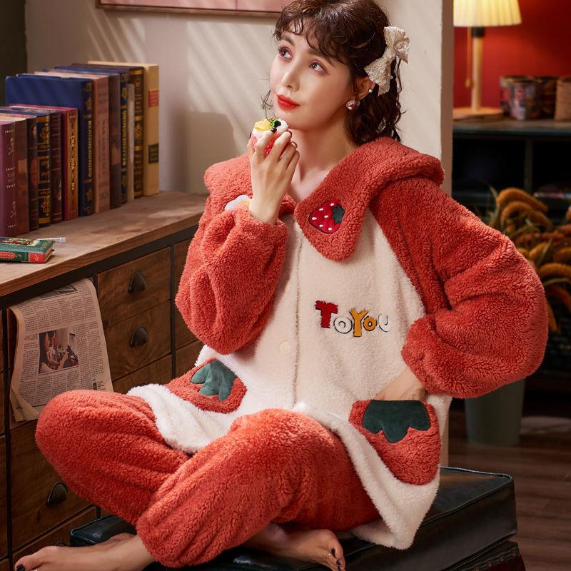 Christmas Pajamas Party Pajamas Set Female Coral Velvet Winter Thickening Plus Velvet Cute Flannel Long Nightgown Home Service Suit