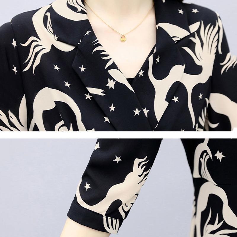 Black Suit Women's Summer Two-piece Suit Slim Wide-leg Pants + Long-sleeved Shirt Temperament Printed Suit Suit Women