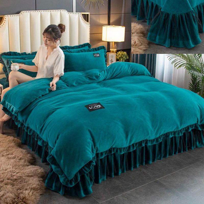 4pcs/set Korean Version of High-grade Milk Velvet Bed Linen Thickened Plus Velvet Warmth Pure Color Quilt Cover Large Bedding