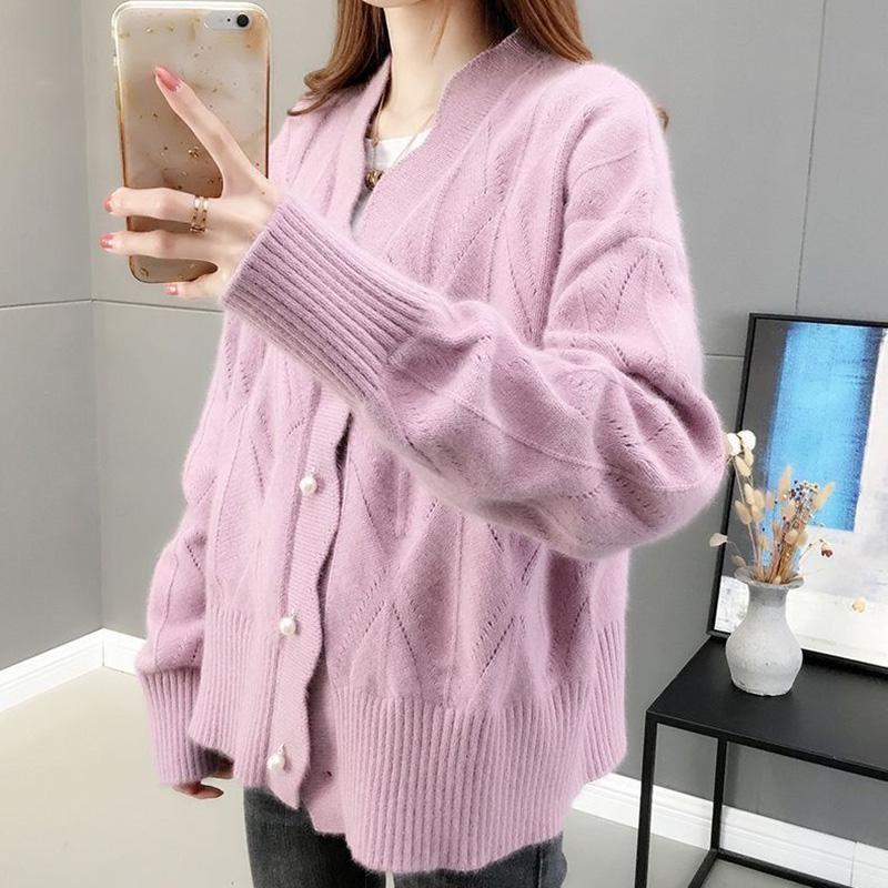 Autumn and Winter Loose Solid Color V-neck Sweater Long-sleeved Knitted Cardigan Jacket All-match Top